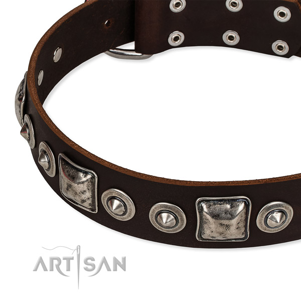 Natural genuine leather dog collar made of flexible material with studs