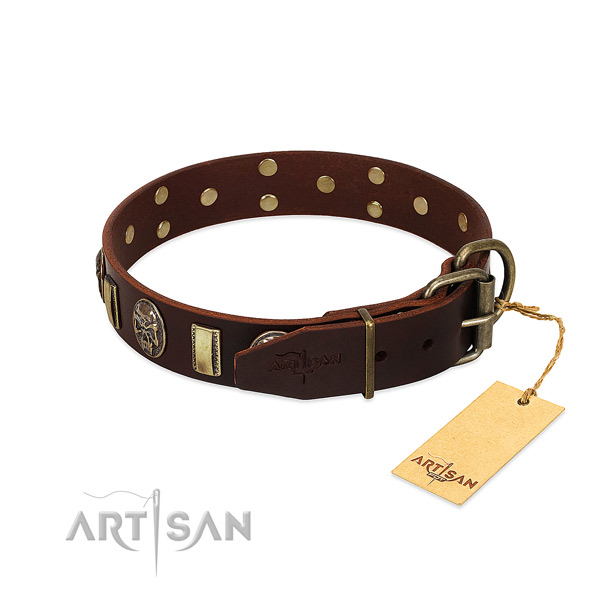 Natural genuine leather dog collar with rust-proof D-ring and embellishments
