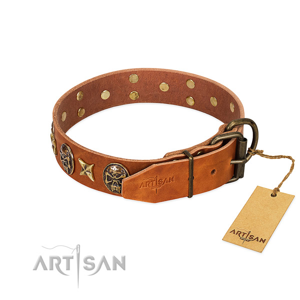 Natural genuine leather dog collar with reliable traditional buckle and decorations