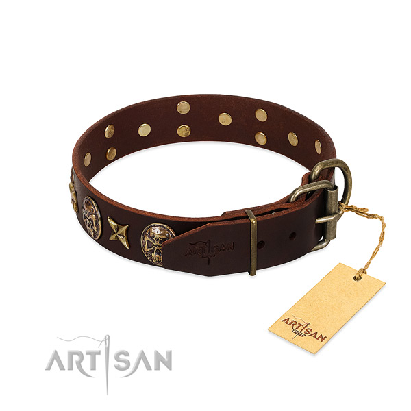 Leather dog collar with durable buckle and decorations