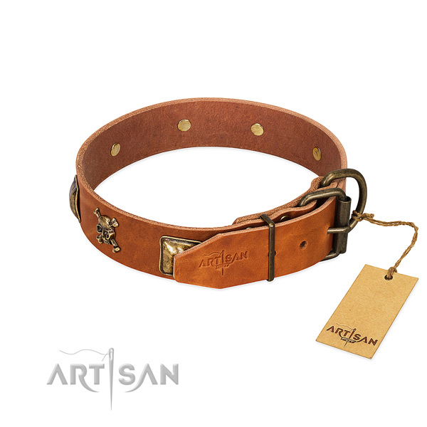 Exquisite full grain natural leather dog collar with corrosion proof adornments