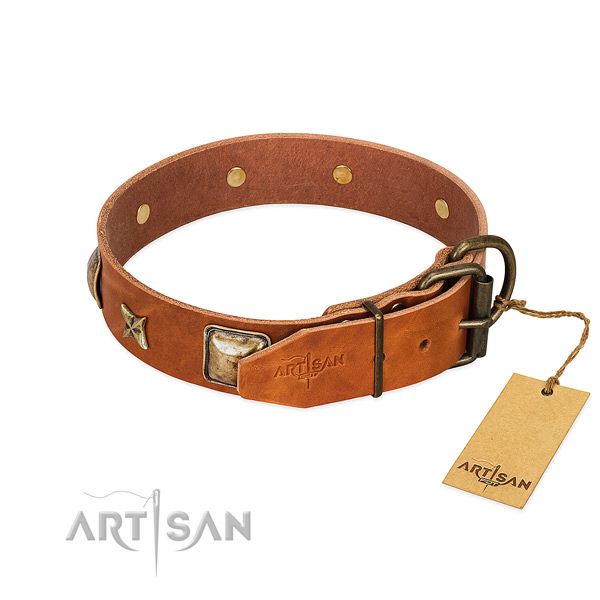 Full grain leather dog collar with rust-proof buckle and decorations