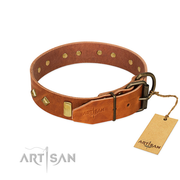 Comfy wearing genuine leather dog collar with unusual decorations