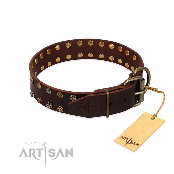 Comfortable wearing full grain leather dog collar with exceptional decorations