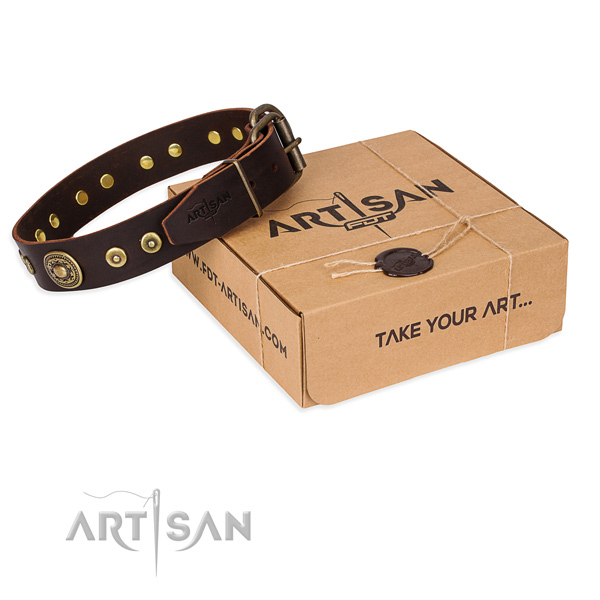 Genuine leather dog collar made of soft to touch material with rust resistant hardware