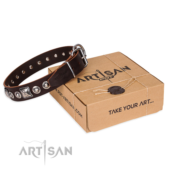 Full grain leather dog collar made of soft to touch material with corrosion proof buckle