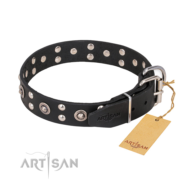 Natural leather dog collar with remarkable corrosion resistant decorations