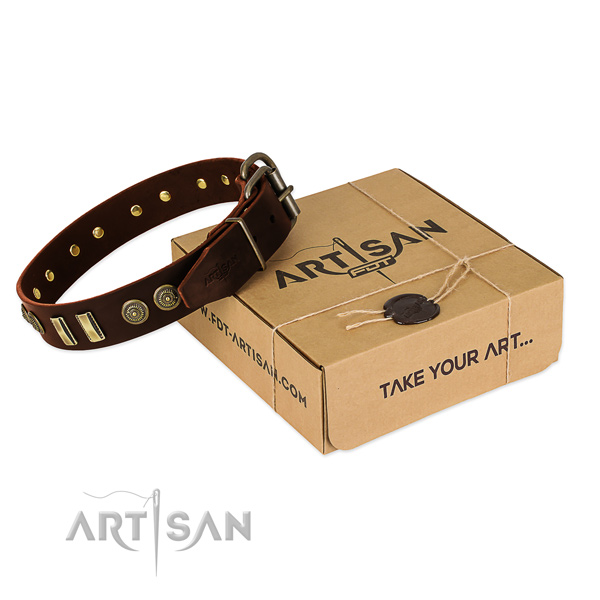 Corrosion proof adornments on full grain leather dog collar for your doggie