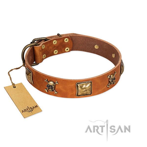 Exquisite natural leather dog collar with reliable decorations